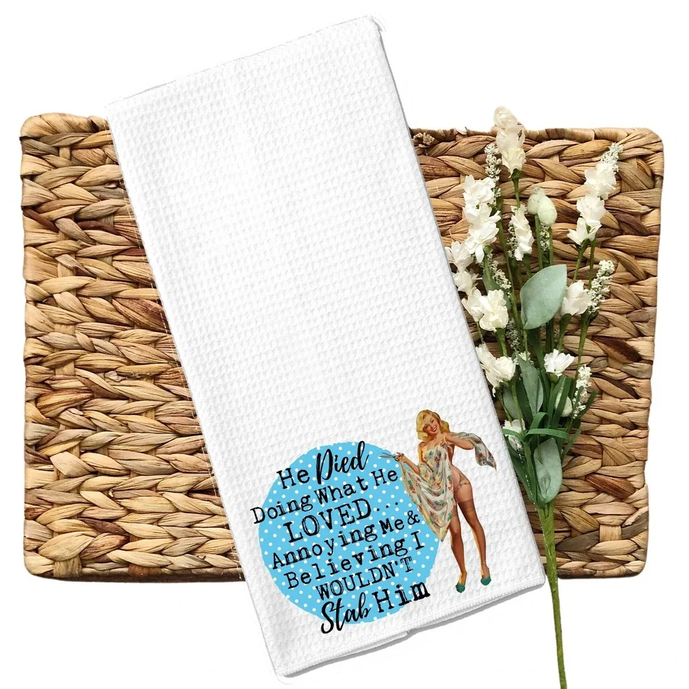 Funny Retro Pinup Waffle Weave Kitchen Towel White Blue Polka Dot Snarky Decor